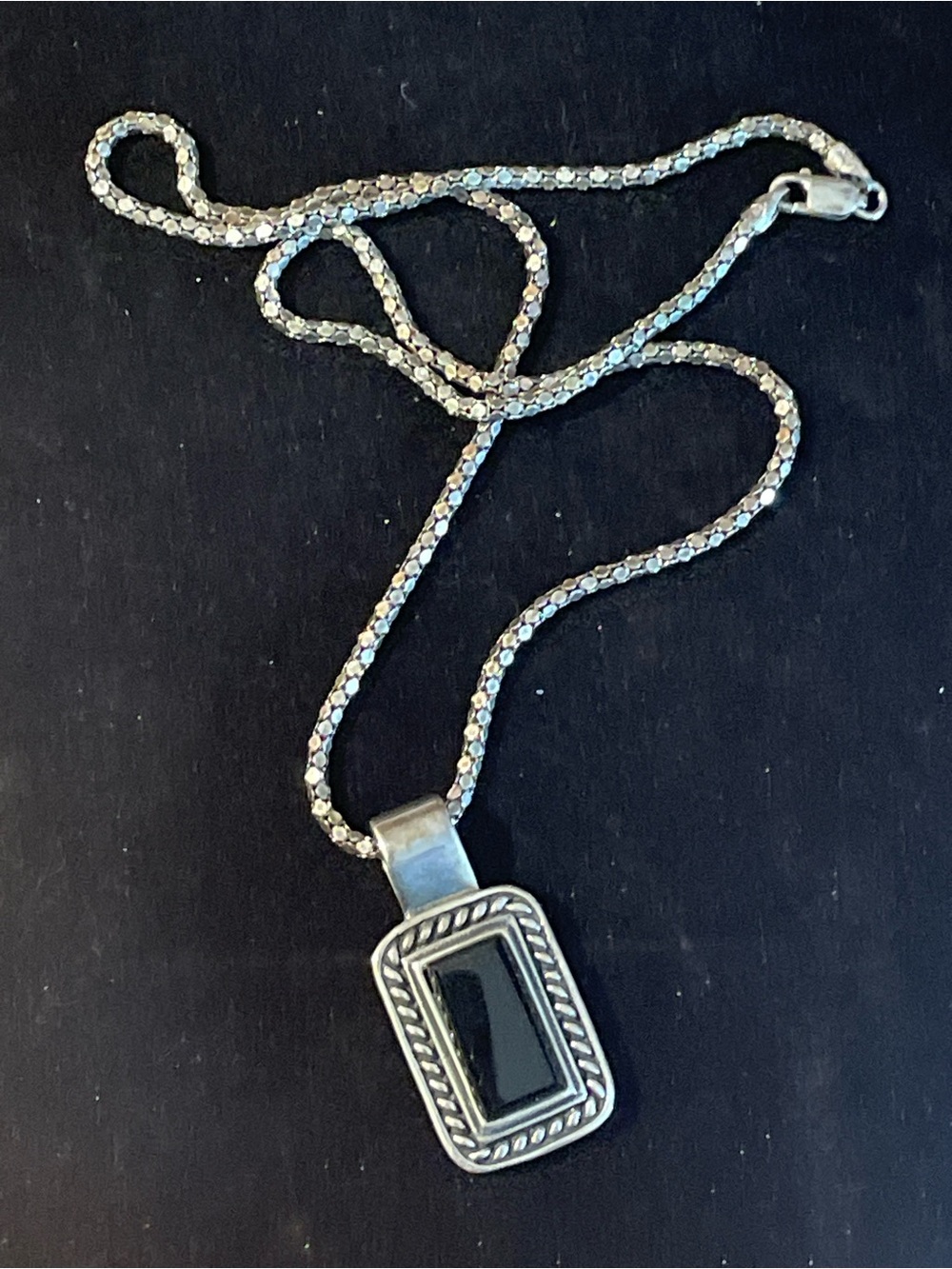 Vintage Sterling Silver Black Onyx Rectangle Pendant Necklace. Signed 925 Mexico